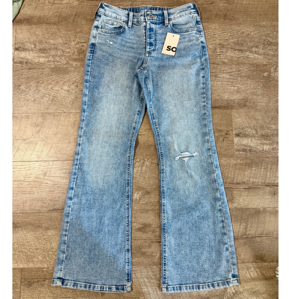 SO Adaptive Girls Light Wash Distressed Flare Jeans Hook Loop Closure Size 12